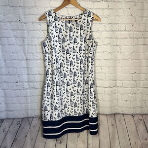 Julian Taylor Bird Cage Sheath Dress Size 12 Blue White LOOK